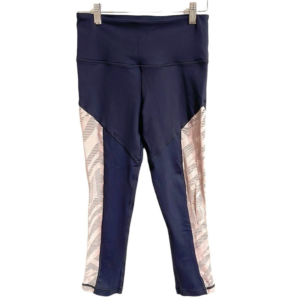 Vimmia Navy High Rise Leggings With Blush Lace Mesh Side Insets SZ S